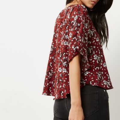 Red floral print poncho top
